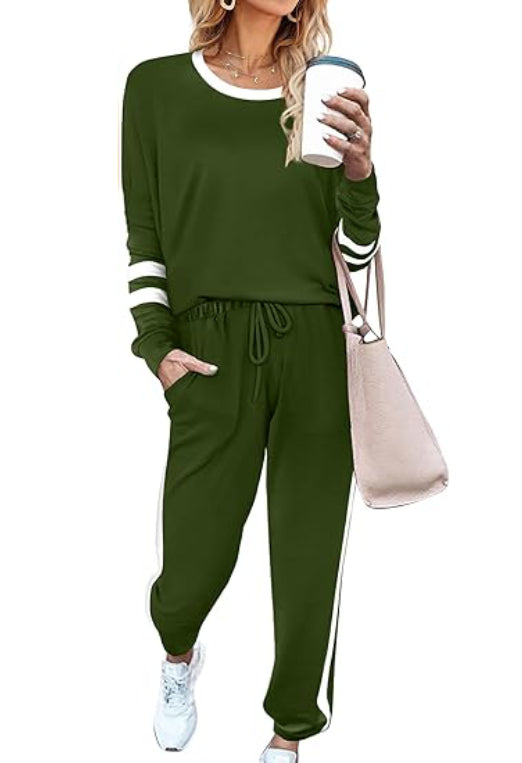 Women's Solid Long Sleeve Round Neck Pulloever Top Drawstring Pants Set