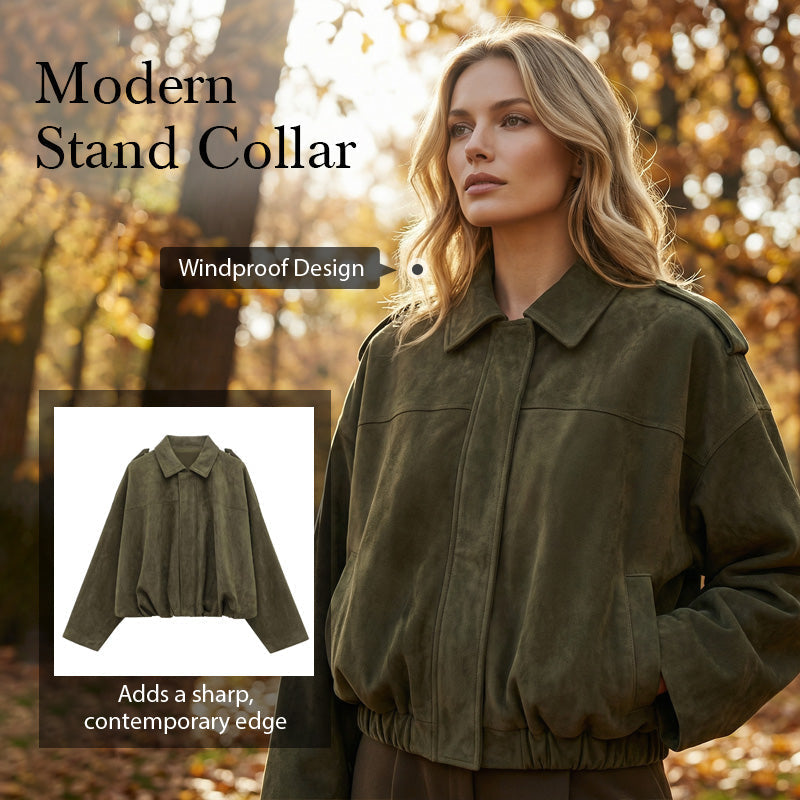 Women's Suede-Like Cropped Bomber Jacket