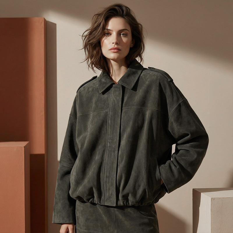 Women's Suede-Like Cropped Bomber Jacket