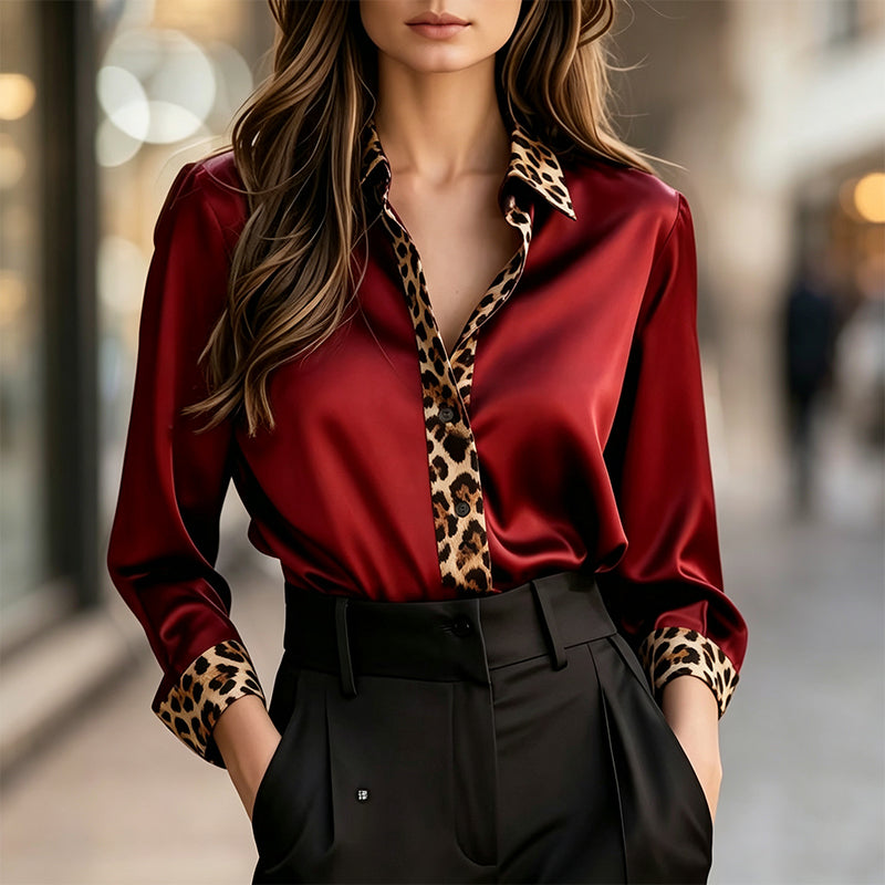 Women's Satin Leopard Patchwork Blouse